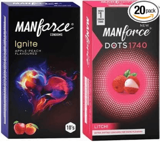 MANFORCE Ignite Apple-peach Flavoured Extra Dotted Box Condoms - 10 Pieces & Extra Dotted Litchi Flavoured Condoms - 10 Pieces Condom (Set of 2 20 Sheets)