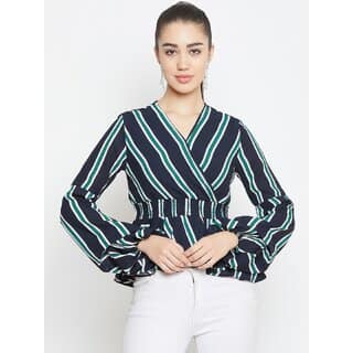Purys Women Black Striped Regular Fit Casual Top with Short Sleeves