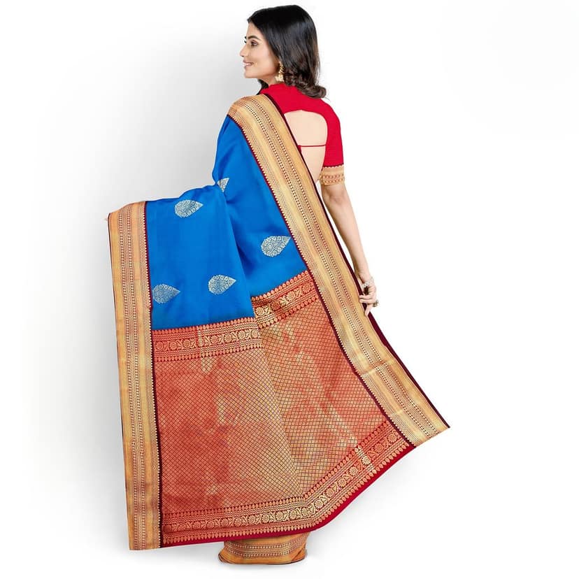 Ink Blue Color Korvai Saree Has Contrast Pallu and Border with Unstitched Blouse view 2