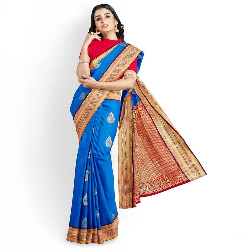 Ink Blue Color Korvai Saree Has Contrast Pallu and Border with Unstitched Blouse view 4