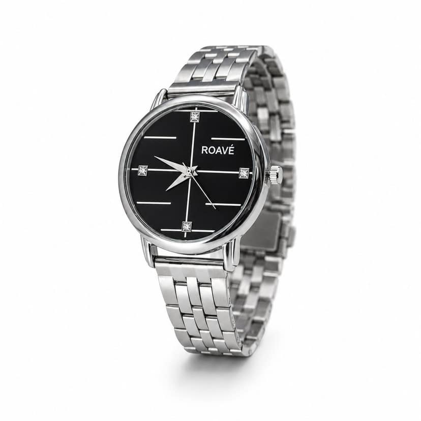 ROAVÉ Quartz Round Stainless Steel Band Casual Analog Watch For Women With Sliding Clasp - Black view 2