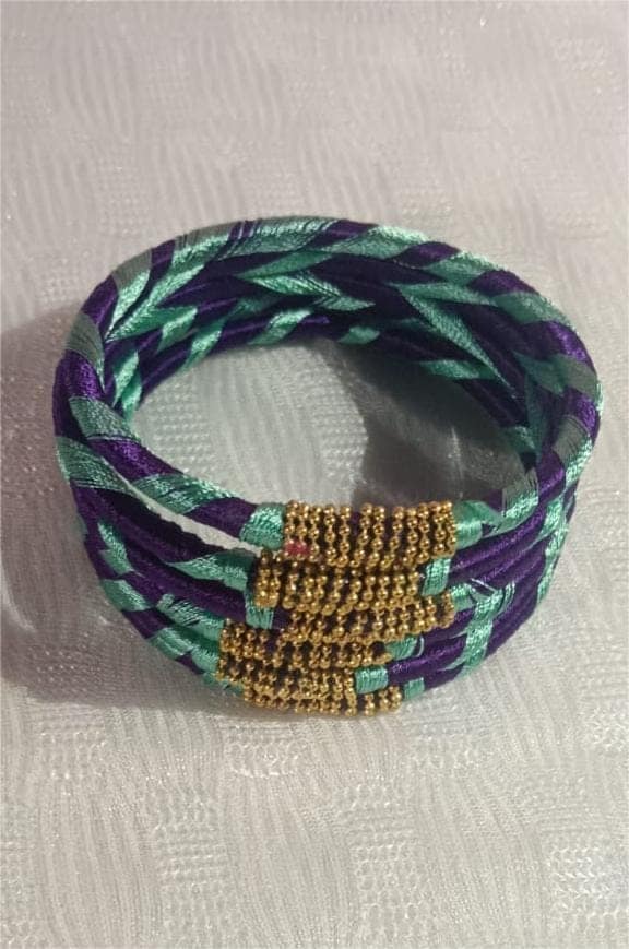 Seafoam and Aubergine Silk Thread Bangles with Gold Beads view 3