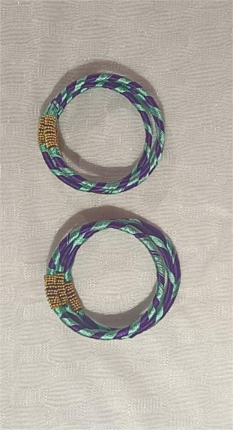 Seafoam and Aubergine Silk Thread Bangles with Gold Beads view 4