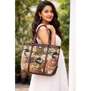 Floral Handwoven Canvas Tote Bag with Faux Leather Handles view 2