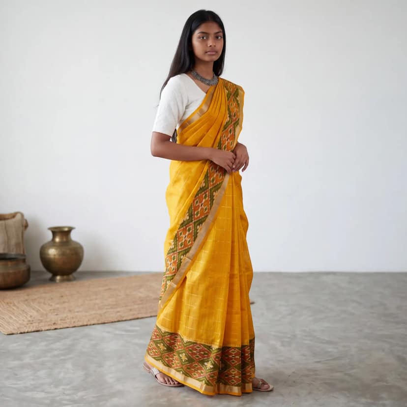 Mangalgiri Ikat Pallu Mustard Silk Cotton Saree view 2