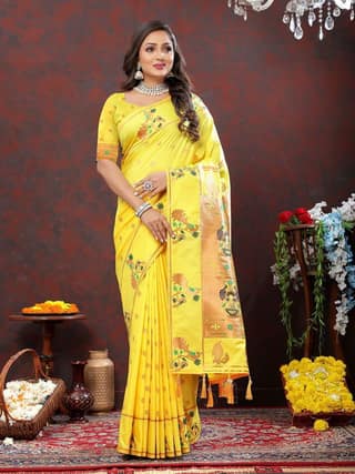 Yellow Soft Paithani Silk Woven Design Copper Zari Meenakari Weaving Saree