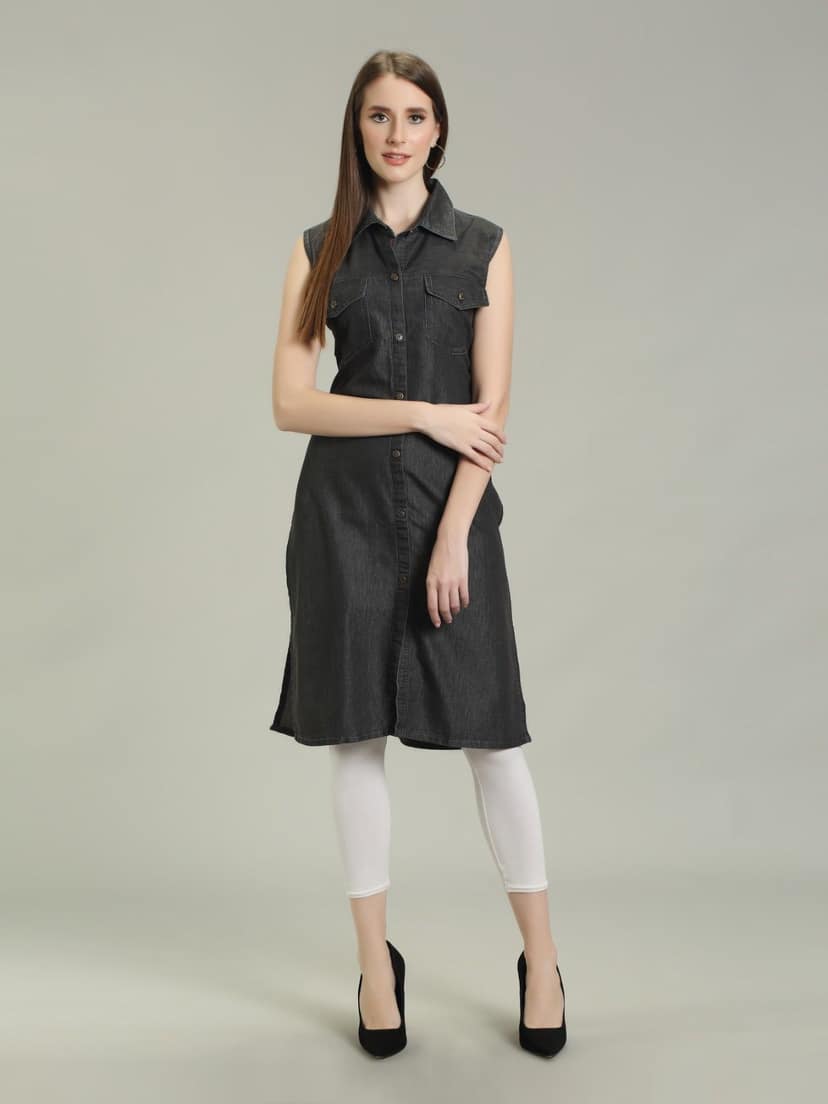 Denim Solid Kurta, Black - 2XL (Style -2483)