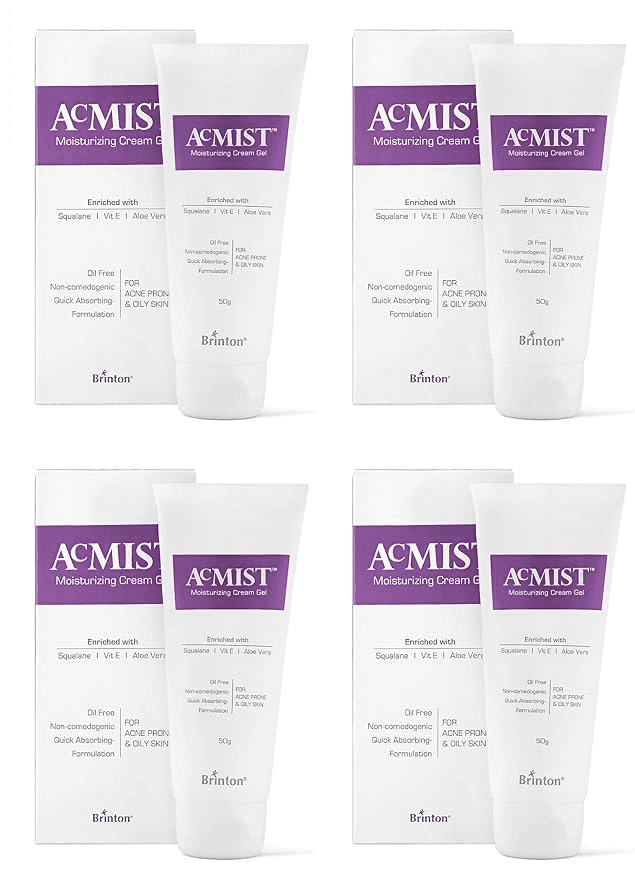 Brinton AcMist Vitamin E & Aloe Vera Based Moisturizing Cream Gel for Acne Prone and Oily Skin | Oil Free Quick Absorbing & Lightweight | 50 g x Pack of 4