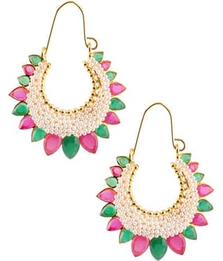 The Jewelbox Red Green Pearl Gold Plated Chaand Bali Earring