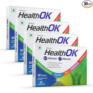 Health OK Multivitamin with Natural Ginseng Taurine power Daily Energy alertness Vitamin D C & other 17 multivitamins minerals for Overall Health 10 Tablets x Pack of 4