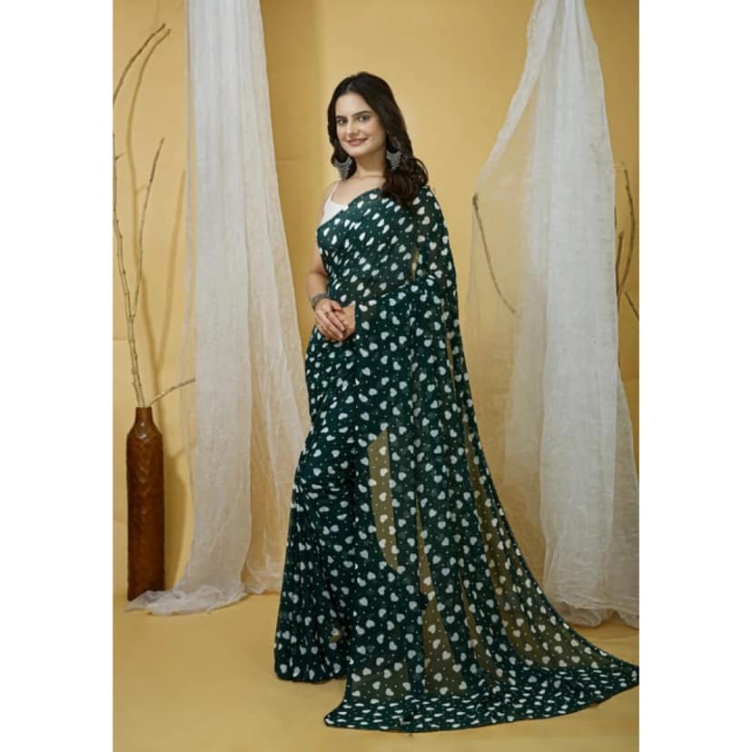 womens georgette printed saree with unstitched blouse 5mtr green pid63026 view 3