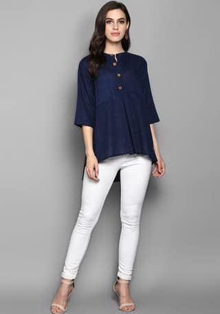 Navy Blue Short Cotton Tunic With Pleats ( Only Top )