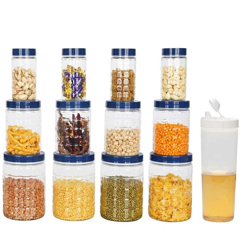 BEAR GRIPS 12 Airtight kitchen checkered PET containers/jars sets and 1 Oil pourer combo
