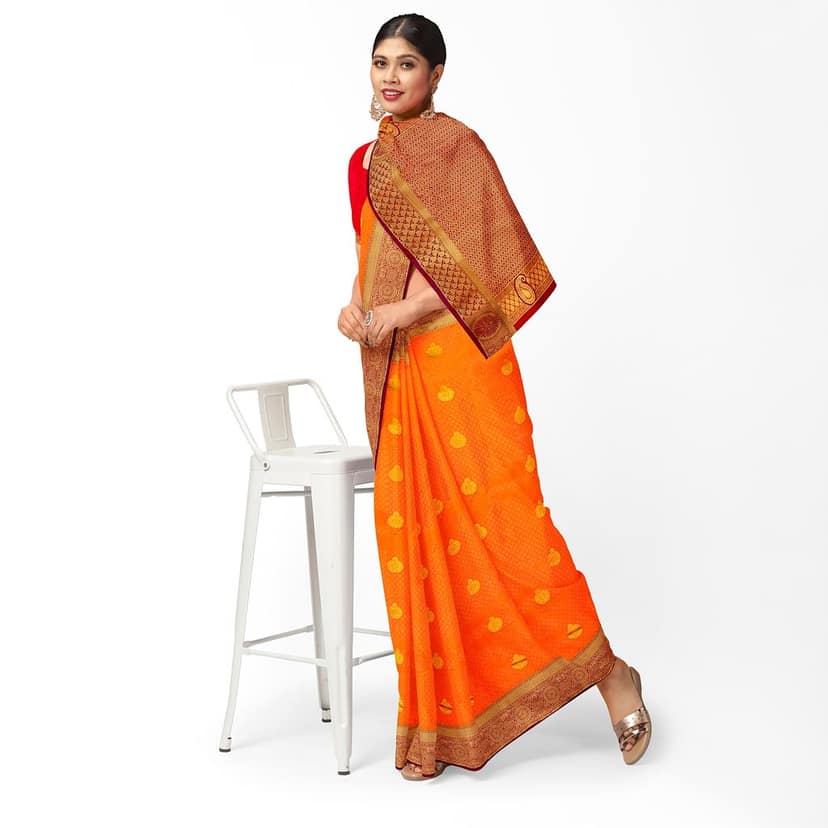 Bright Orange Color Small Butta Saree with Unstitched Blouse view 2