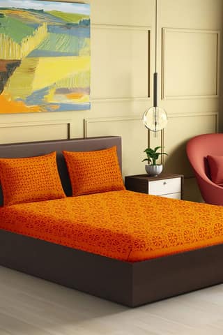 Garvi Gurjari (A Gujarat Govt Enterprise) Handmade Orange Applique Work Cotton Bed Cover Set With Pillow Covers