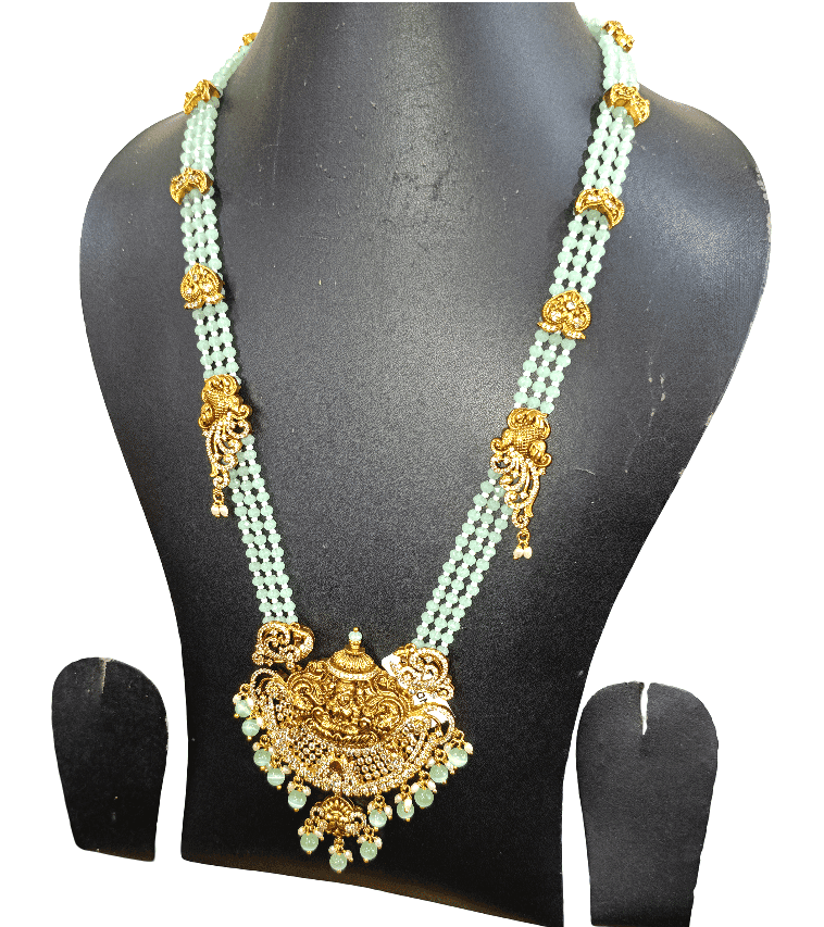 Traditional Gold-Plated Lakshmi Pendant Green Beaded Long Necklace Set with Earrings view 2