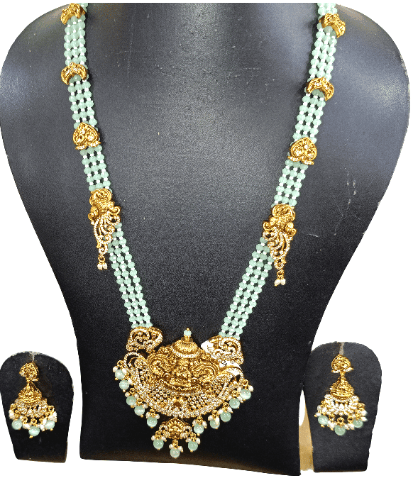 Traditional Gold-Plated Lakshmi Pendant Green Beaded Long Necklace Set with Earrings view 3