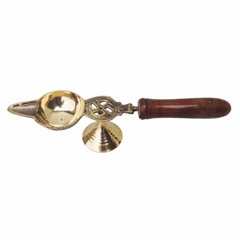 Brass Table Decor Oil Lamp Deepak With Wooden Handle - Unique Brass Deepak Design, Height : 2.2 Inch (FMAS363 F) view 2