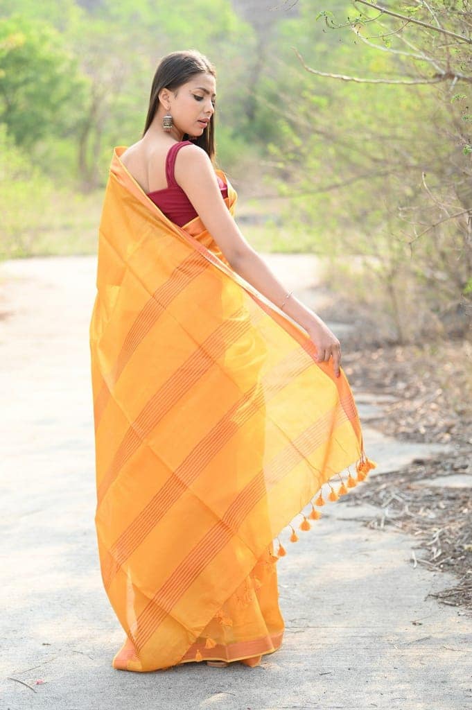 Designer Pure Cotton Silk Saree with Classic Pallu ~ Bright orange view 4