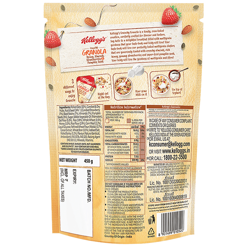 Kelloggs Crunchy Granola - Honey, Almonds, Strawberries & Pumpkin Seeds, 450 G Pouch view 2