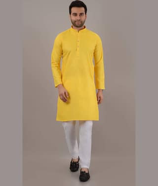MOUDLIN Yellow Cotton Blend Regular Fit Men's Kurta Pyjama Set ( Pack of 1 )