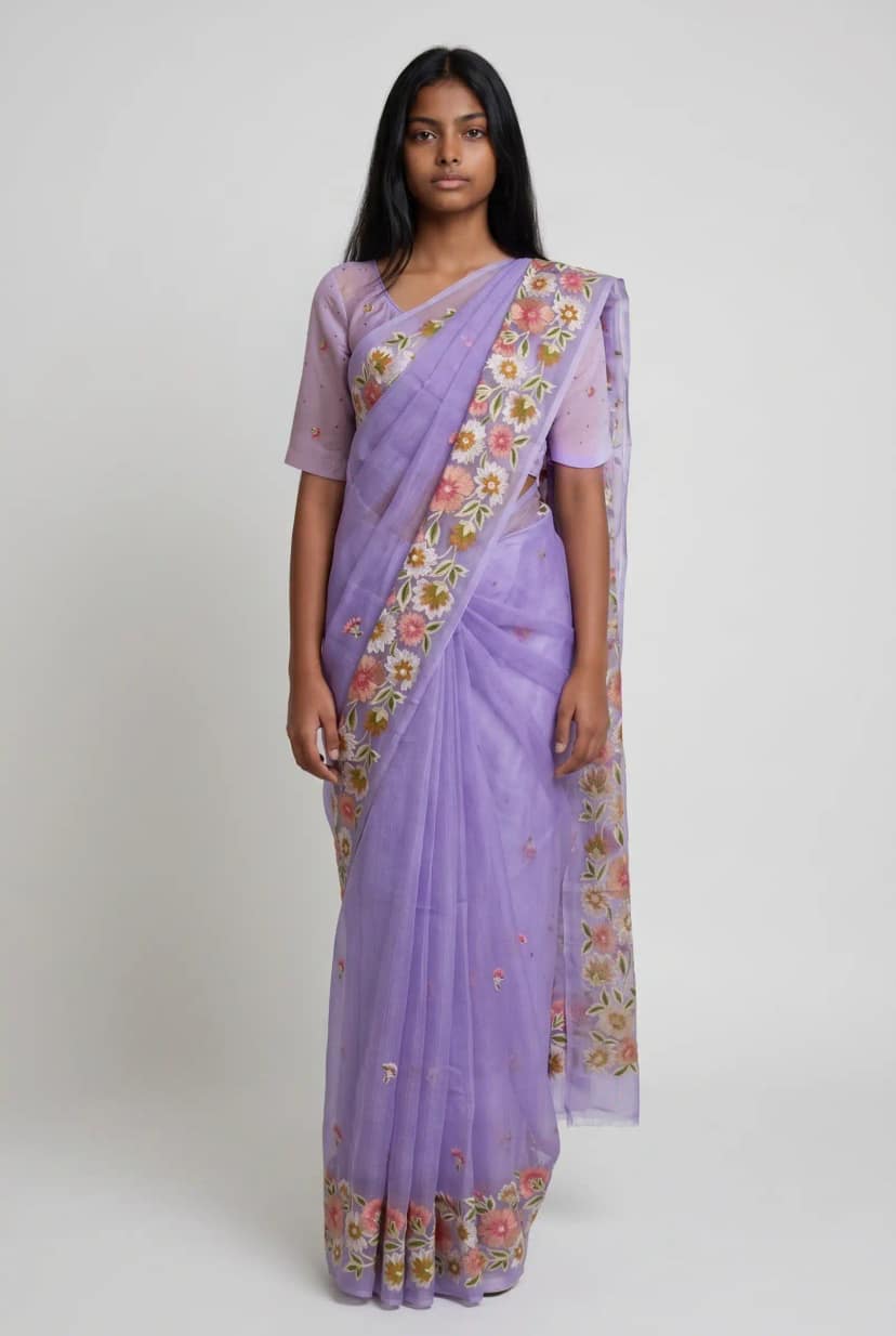 Kota Doria Cotton Saree Lavender Embroidered Floral Buti