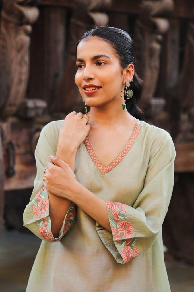 Juhi Pista Green Kurta Cum Dress With Crewel Embroidery view 4