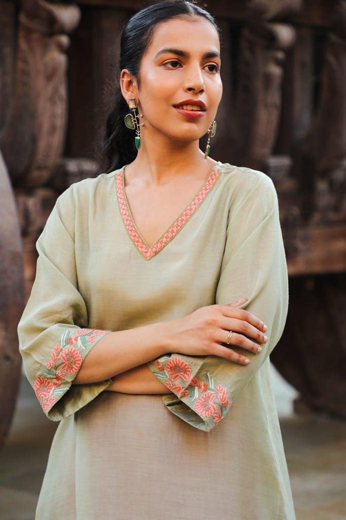 Juhi Pista Green Kurta Cum Dress With Crewel Embroidery view 5
