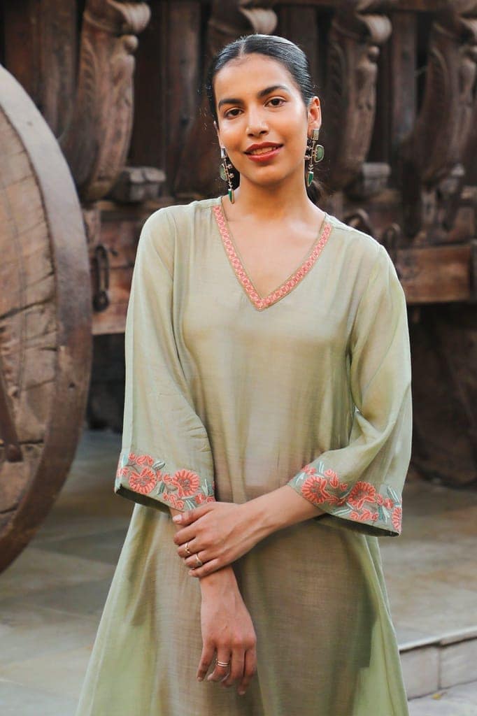 Juhi Pista Green Kurta Cum Dress With Crewel Embroidery view 6