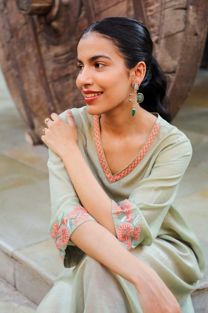 Juhi Pista Green Kurta Cum Dress With Crewel Embroidery view 7