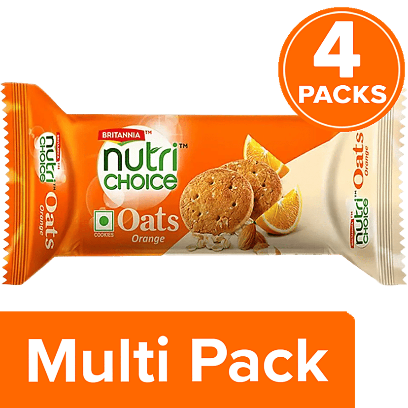 Britannia Nutri Choice Oats Cookies - Orange With Almonds, Healthy Snack, Fibre Enriched, 4 x 75 g Multipack