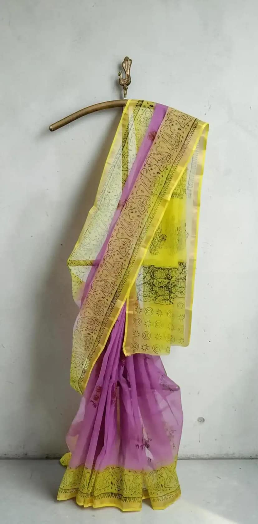 Kota Doria Cotton-Silk Saree, Block Print with Bright Yellow Border view 3