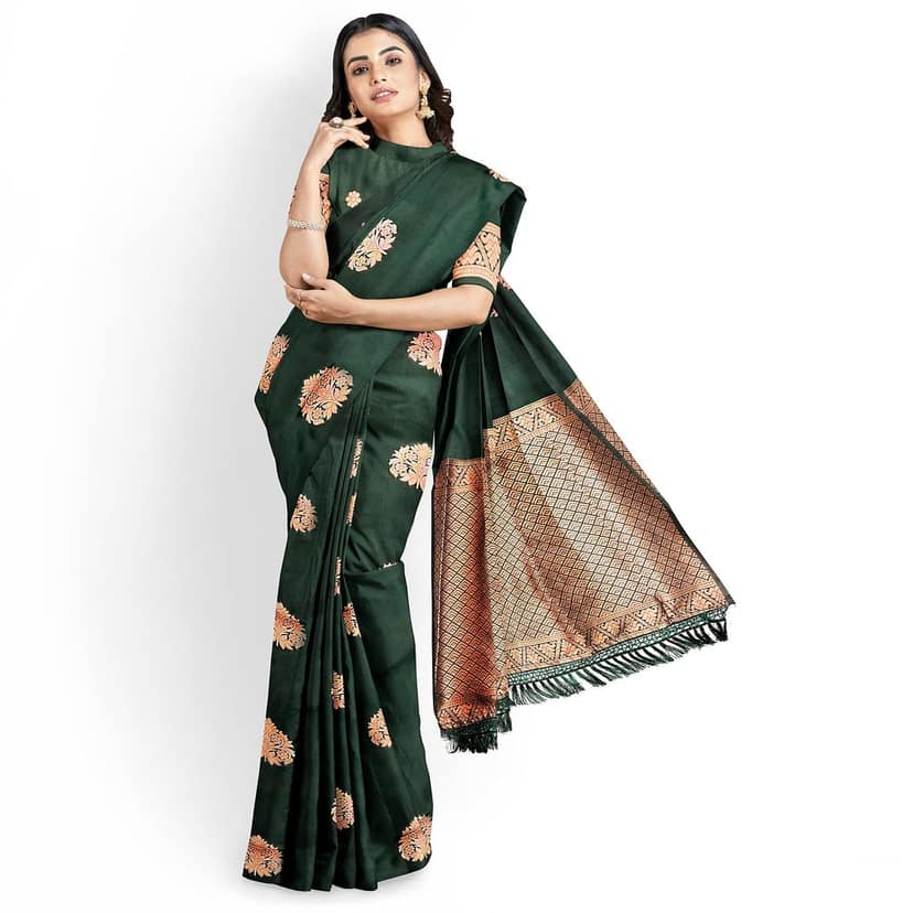 Bottle Green Color Big Floral Copper Zari Butta with Unstitched Blouse