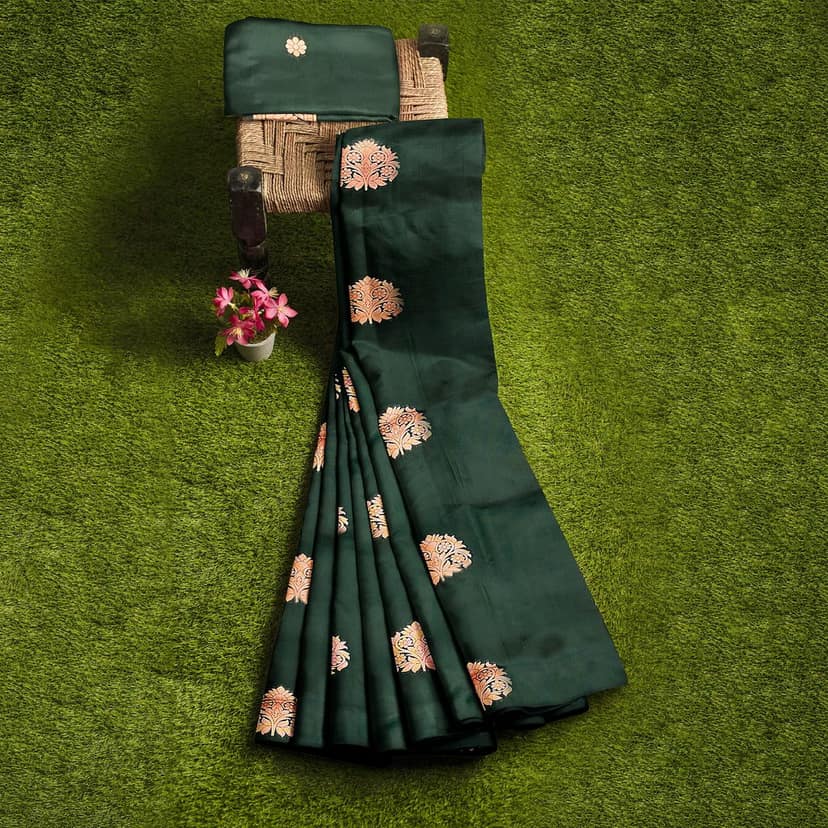 Bottle Green Color Big Floral Copper Zari Butta with Unstitched Blouse view 2
