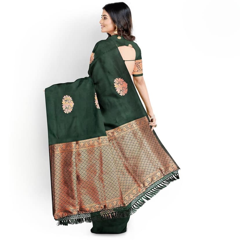 Bottle Green Color Big Floral Copper Zari Butta with Unstitched Blouse view 3