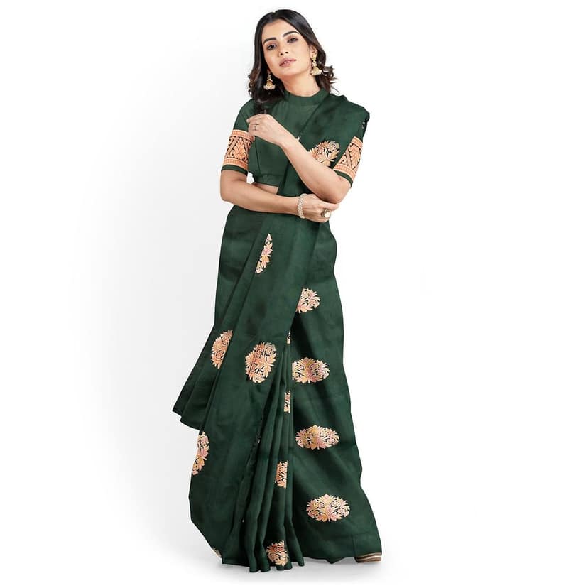 Bottle Green Color Big Floral Copper Zari Butta with Unstitched Blouse view 4