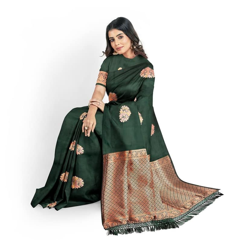 Bottle Green Color Big Floral Copper Zari Butta with Unstitched Blouse view 5