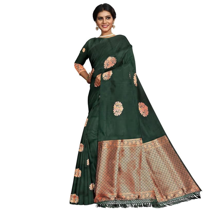 Bottle Green Color Big Floral Copper Zari Butta with Unstitched Blouse view 7