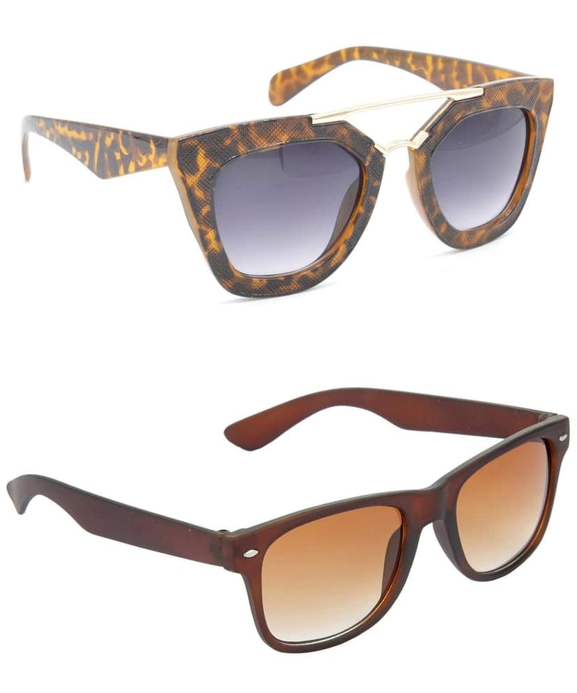 Hrinkar Unisex Rectangular Sunglasses Golden & Brown Frame, Clear & Brown Lens (Medium) - Pack of 2