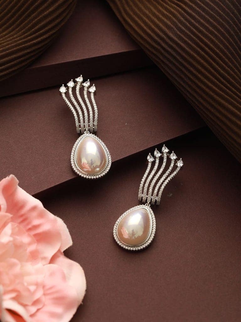 Silver Plated AD Studded & Pearl Contemporary Hoop Bali Earrings view 3