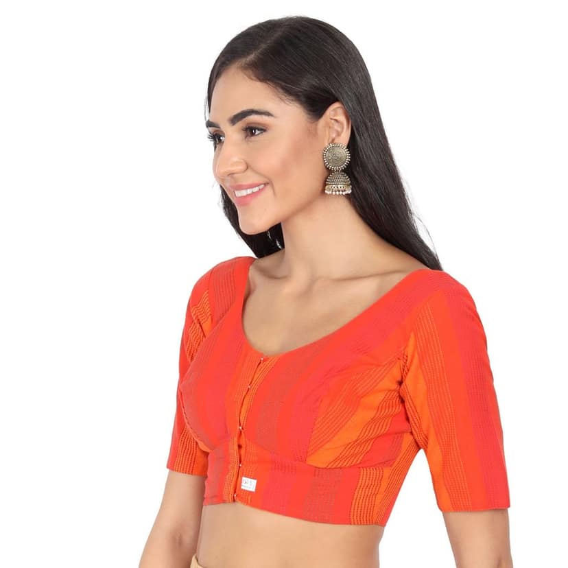 Cotton Stripe Normal Elbow Length Sleeve Blouse, Orange view 3