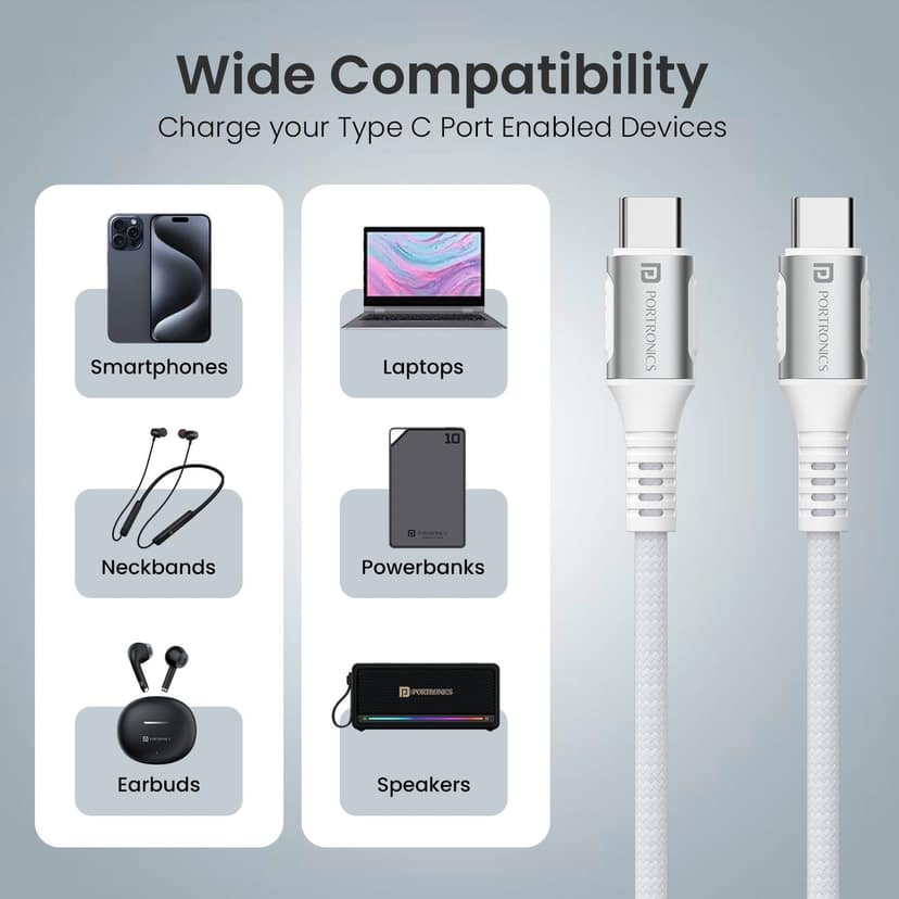 Portronics Konnect Y Type C To Type C Fast Charging Cable - White view 3