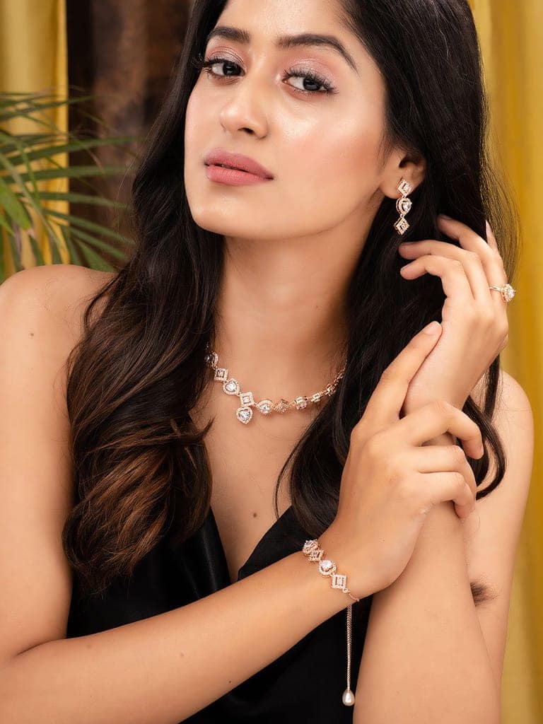 Rose gold Toned AD Studded Minimal Necklace Jewellery Set Combo Wraparound Bracelet view 2