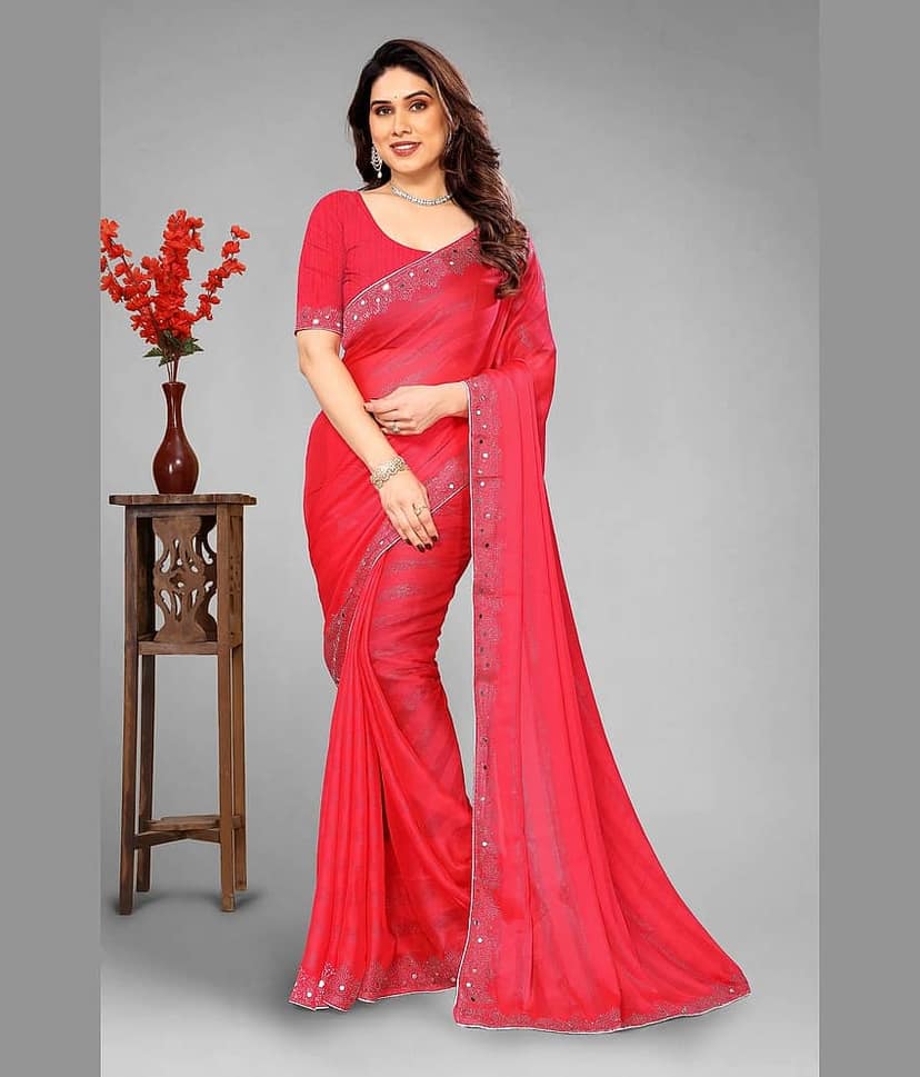 VEERAIVA Chiffon Embellished Saree With Unstitched Blouse Piece ( Purple )