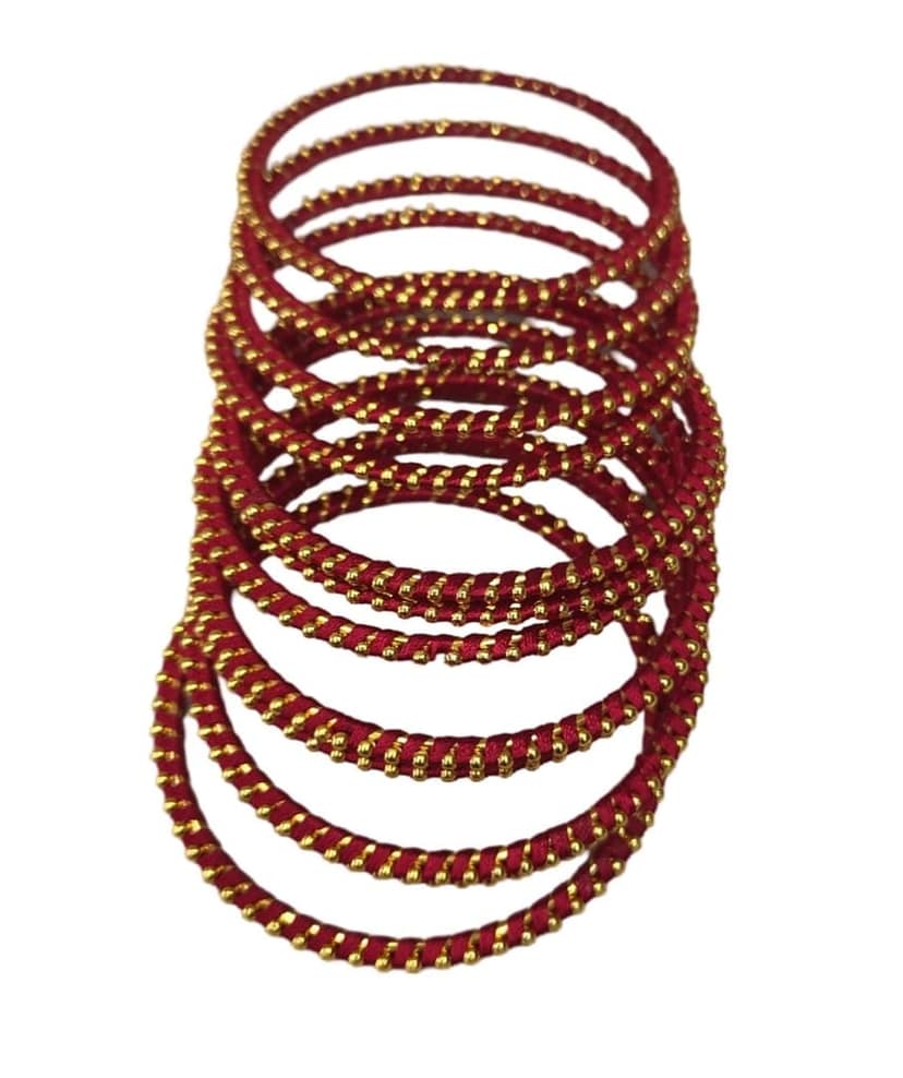 Red and Gold Silk Thread Bangles Set of 8 for Women and Girls view 3