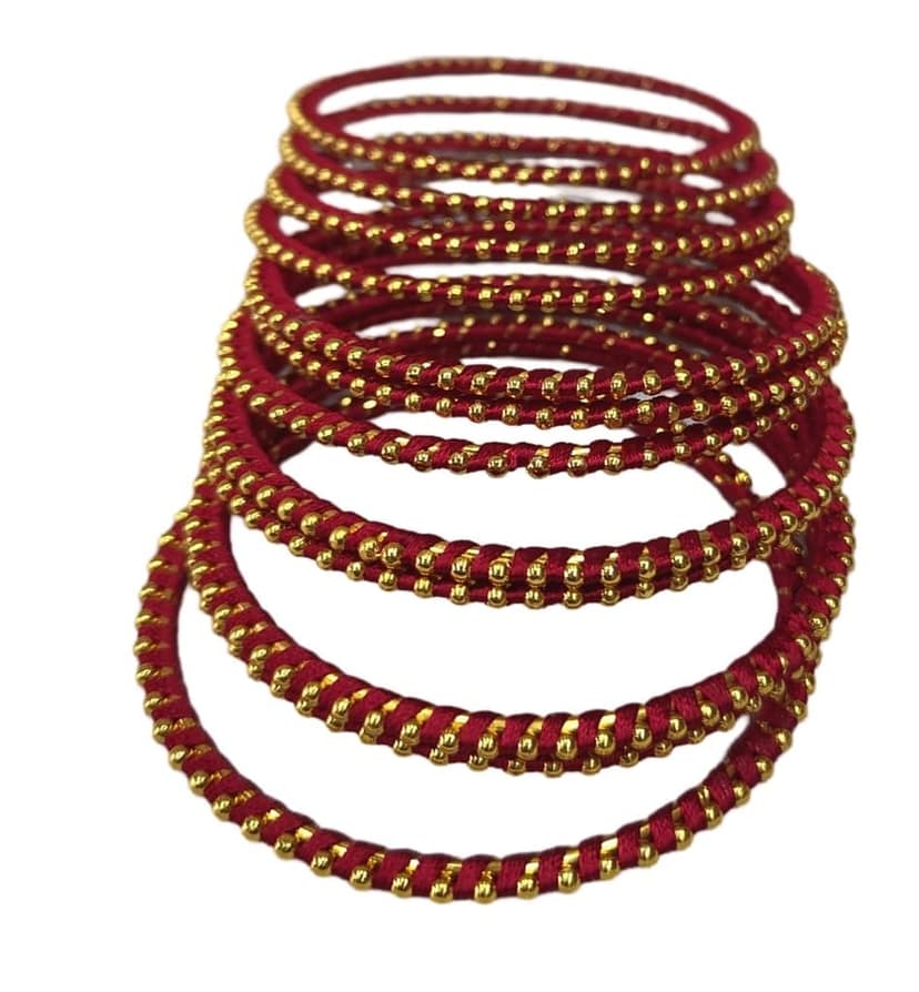 Red and Gold Silk Thread Bangles Set of 8 for Women and Girls view 4