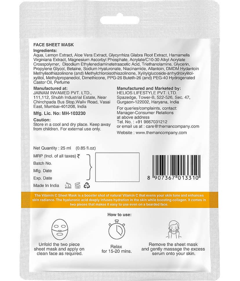 The Man Company Vitamin C Sheet Mask with Hyaluronic Acid & Lemon | Boosts Collagen, Brightening | Improves Skin Tone view 2
