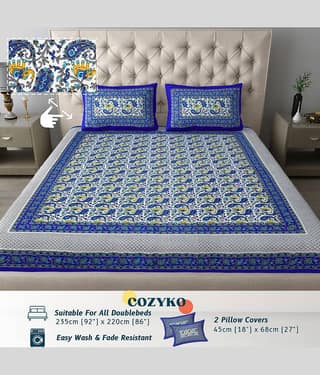 COZYKO Cotton 1 Double Bedsheet with 2 Pillow Covers ( Blue )