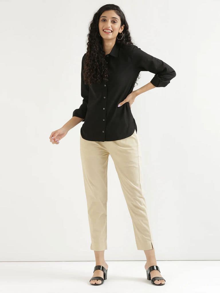 Women's Black Solid Shirt With Beige Top view 2
