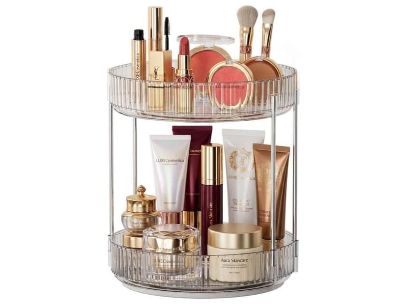 Homeness 360 Rotating Makeup Organizer, Cosmetic Storage Box, Plastic Vanity Holder for Lipsticks, Nail Polish, Perfume & Accessories, Clear - 2 Layer
